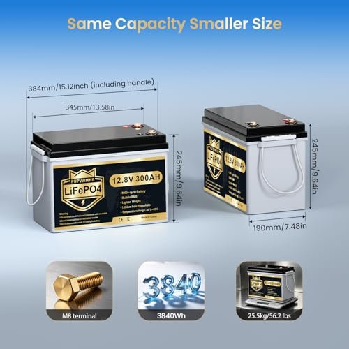 PUPVWMHB 12V 300Ah LiFePO4 Lithium Battery